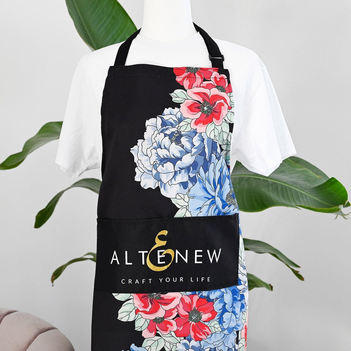 Stationery & Gifts Artsy Apron: Red & Blue Billowing Peonies - Black